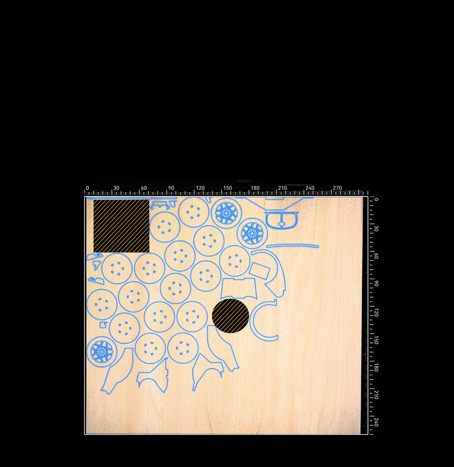 Wooden board with blue and black designs on a white background, Auto Arrangement