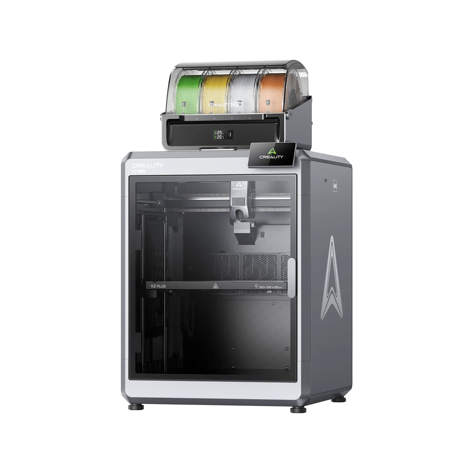 Additronix Creality K2 Plus 3D Printer with dual extruders and touchscreen display, shown with print bed and filament spools.
