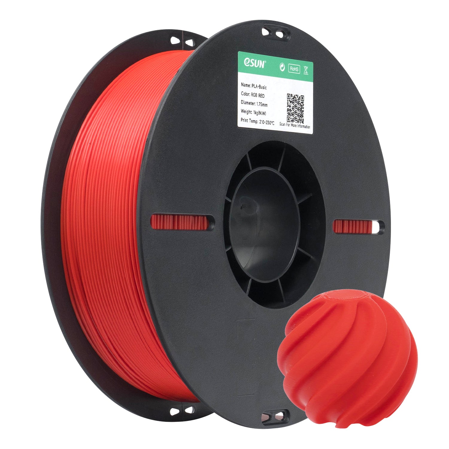 Red eSUN PLA BASIC filament spool from Additronix, showing the brick-red 3D printing filament coiled in a spool.