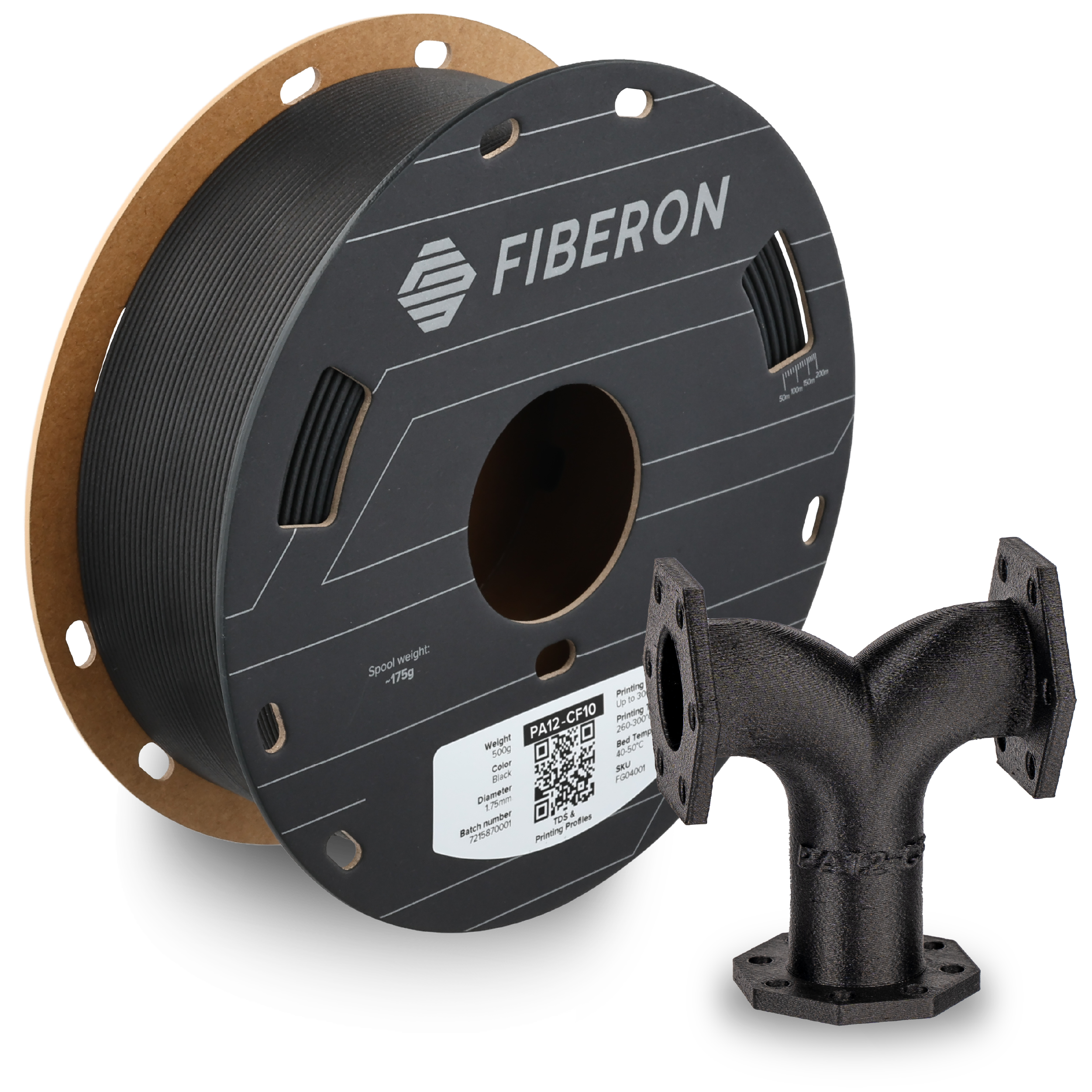 Additronix Fiberon PA12-CF10 filament spool showing black reinforced nylon filament with carbon fiber content for 3D printing.