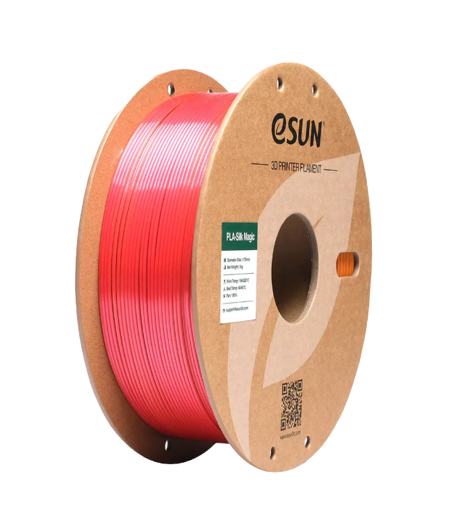 Additronix eSUN PLA-Silk Magic filament spool in black, coral, and pink colors, showing 1.75mm 1kg filament for 3D printing.