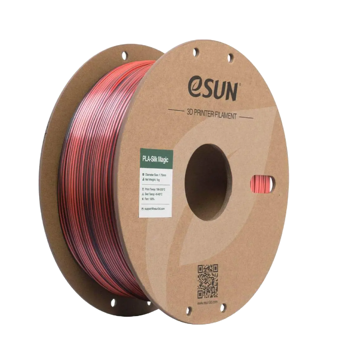 Additronix eSUN PLA-Silk Magic filament in black, coral pink, 1.75mm, 1kg spool, showcasing vibrant colors and smooth finish.