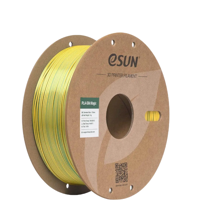 Additronix eSUN PLA-Silk Magic filament in black, coral, and pink, 1.75mm, 1kg spool for 3D printing.