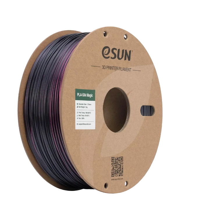 Additronix eSUN PLA-Silk Magic filament in black, coral pink, 1.75mm, 1kg spool, showcasing vibrant color and smooth texture.