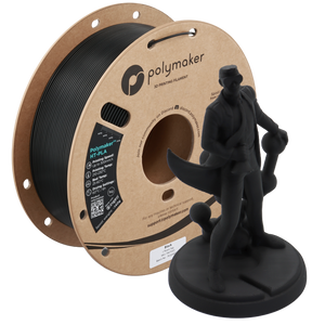 Black Polymaker HT-PLA filament by Additronix, shown in a spool with smooth, high-temperature 3D printing material.