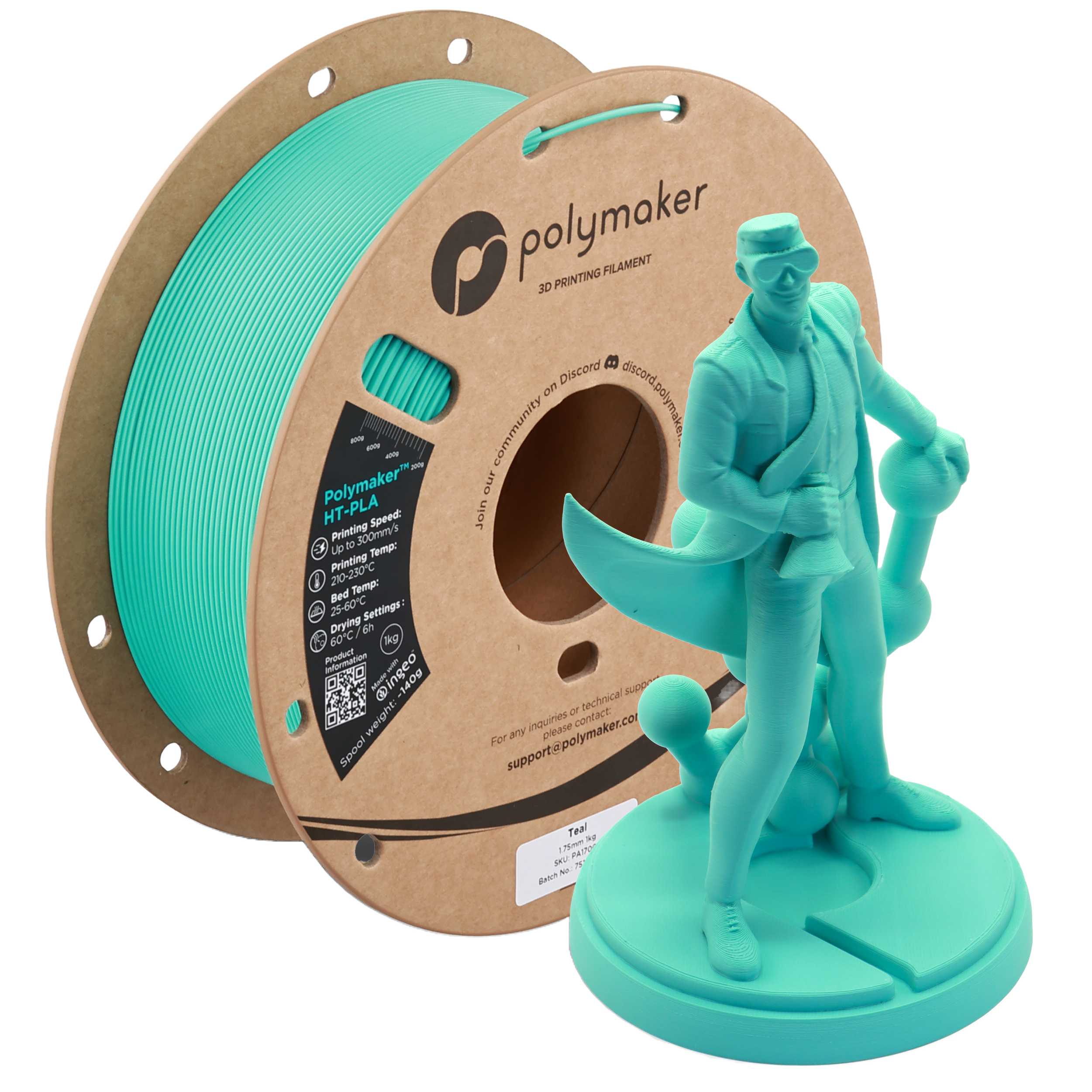 Additronix Polymaker HT-PLA filament spool in teal, showcasing the filament's vibrant color and smooth texture for 3D printing.