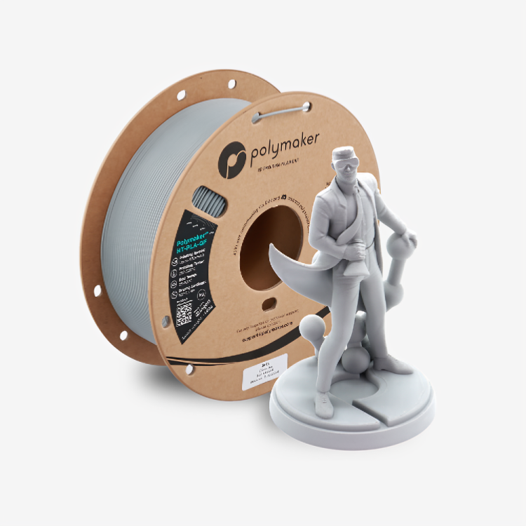 Additronix Polymaker HT-PLA-GF grey filament spool for 3D printing, showing the textured grey filament on the roll.