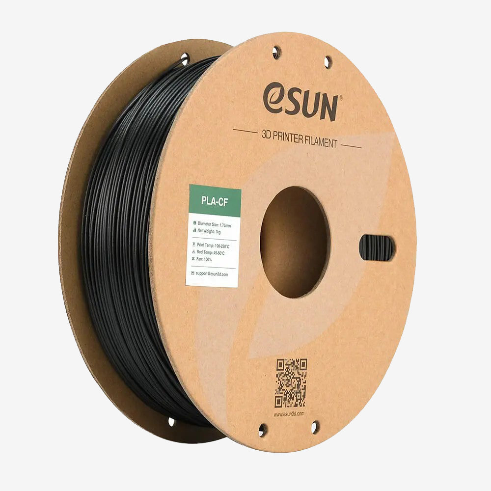 Black eSUN PLA-CF filament spool from Additronix, showing the textured filament material for 3D printing projects.