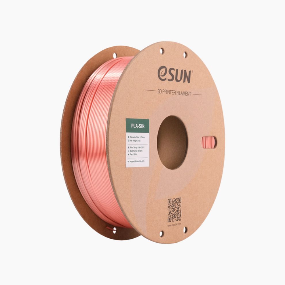 Silver Additronix eSun PLA-Silk filament spool, showcasing smooth, shiny 3D printing filament with a glossy silk finish.
