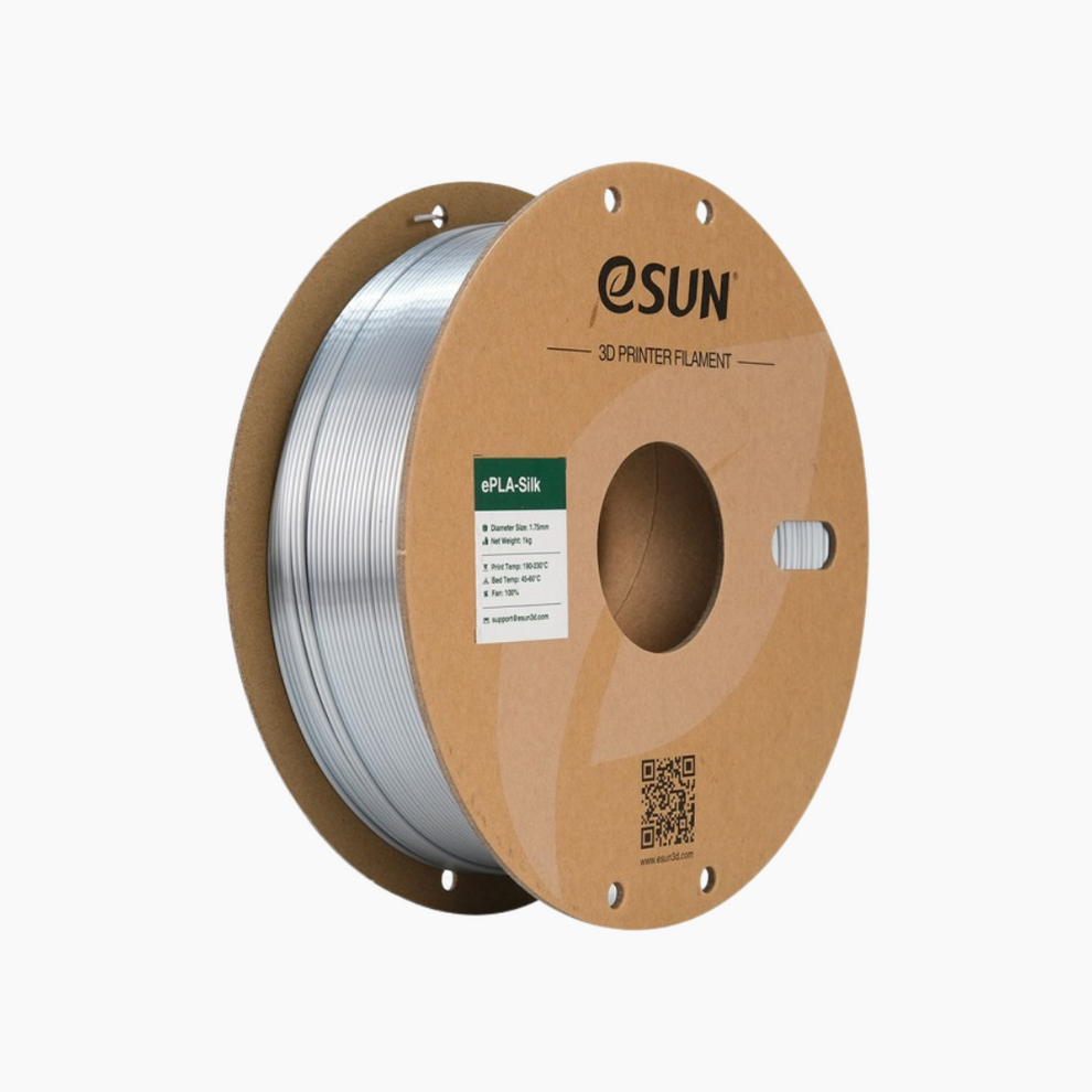 Silver Additronix eSun PLA-Silk filament spool showing smooth, shiny 3D printing filament for vibrant, silk-like finish.