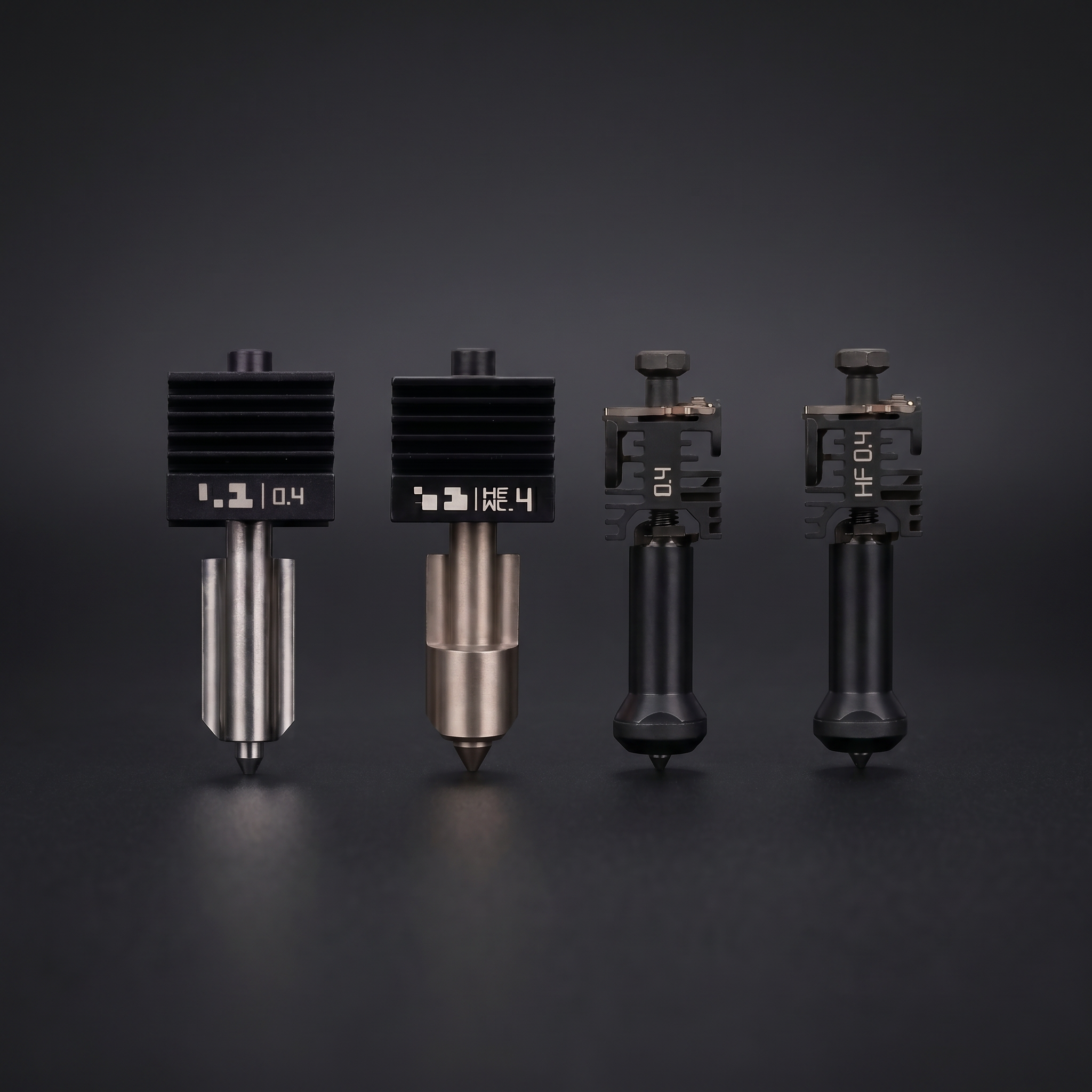 Four metallic nozzles of bambu lab