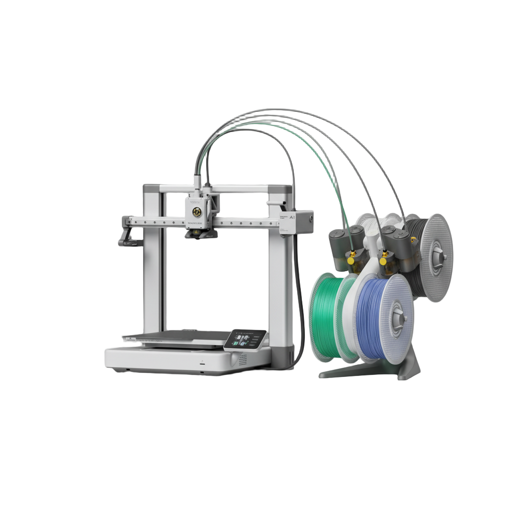 3D printer with spools of filament on a white background