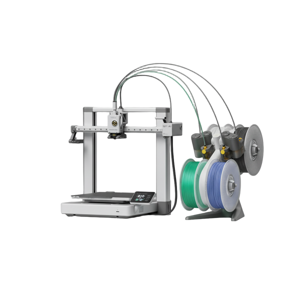 3D printer with spools of filament on a white background