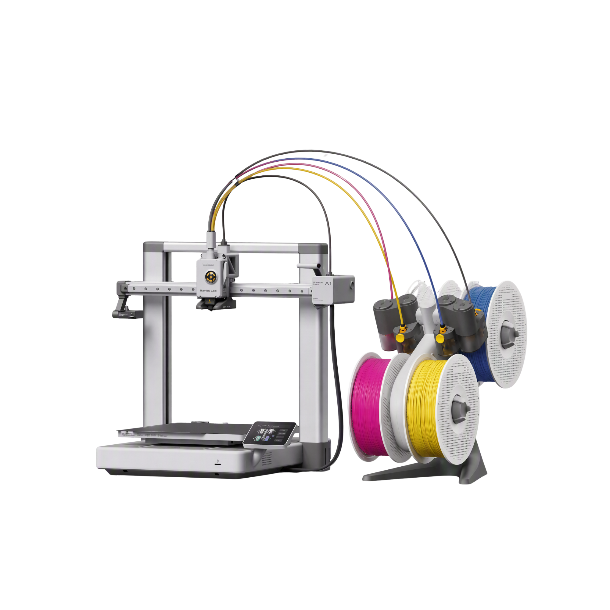 Additronix Bambu Lab A1 Combo 3D printer with CMYK filament bundle, showcasing the printer and colorful filament spools.