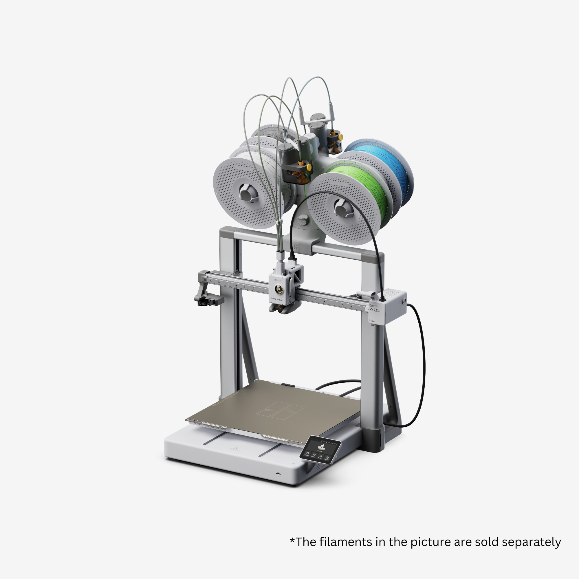 Additronix Bambu Lab A2L Combo 3D printer with mounted filaments and accessories on top, showcasing its compact design and setup.