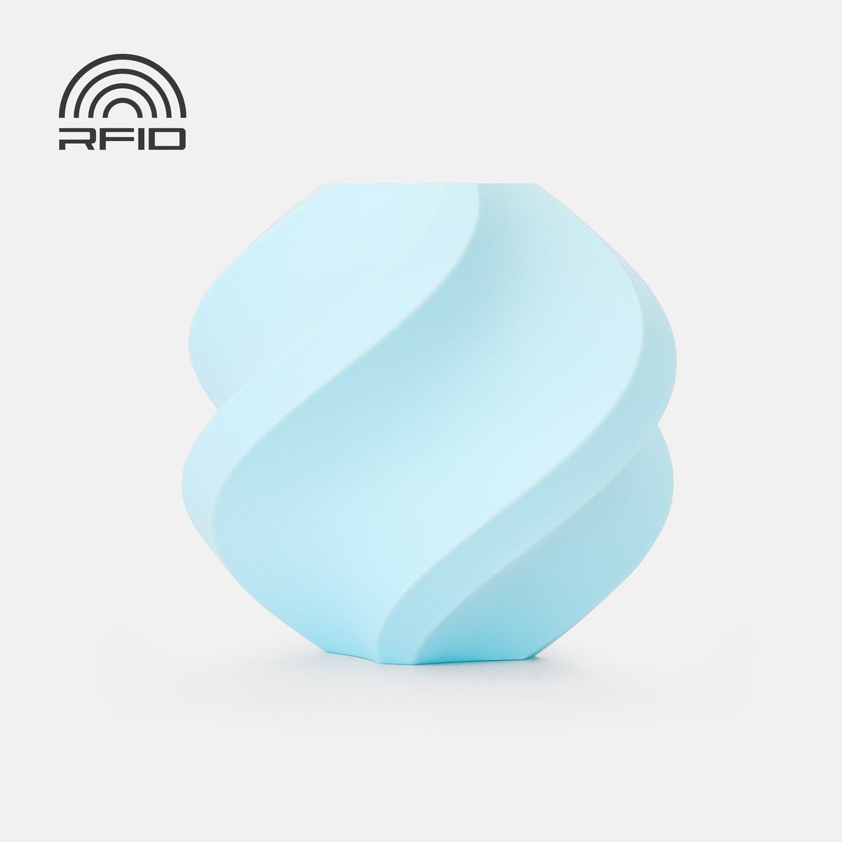 Additronix Bambu Lab PLA Pure filament in baby blue, showcasing the spool with vibrant, smooth blue 3D printing filament.