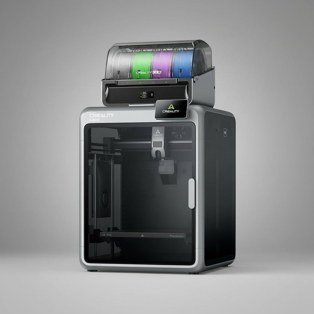 3D printer with a colorful print material on a white background