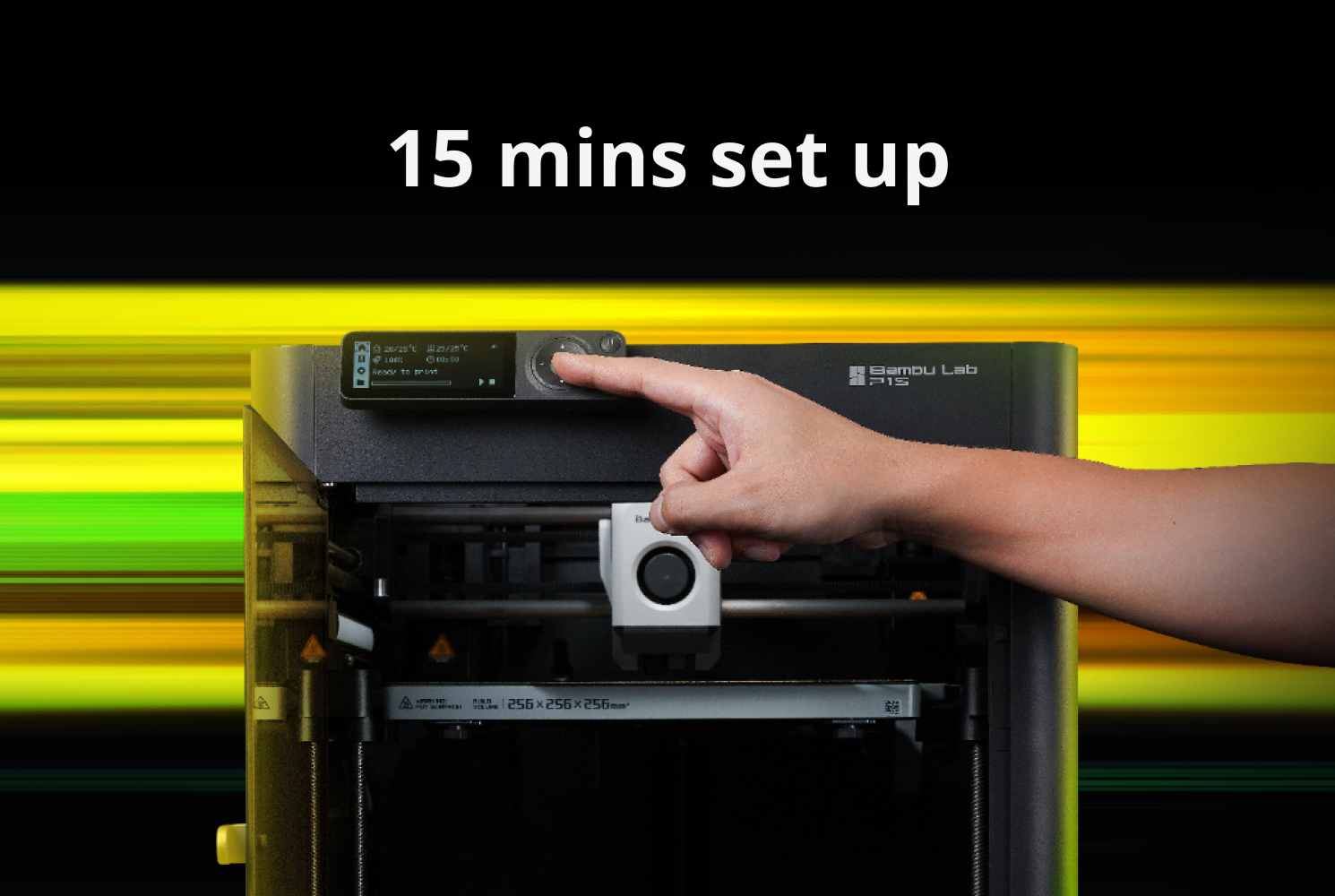 Person interacting with a machine, with text '15 mins set up bambu lab