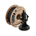 Spool of Polymaker 3D printing filament and a black 3D printed figure on a white background