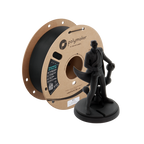 Spool of Polymaker 3D printing filament and a black 3D printed figure on a white background