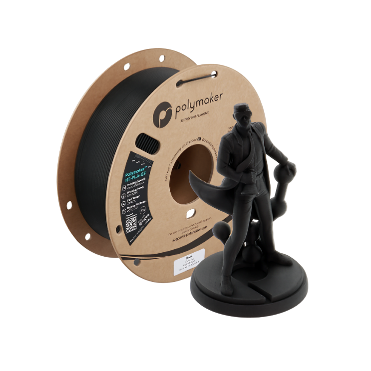 Spool of Polymaker 3D printing filament and a black 3D printed figure on a white background
