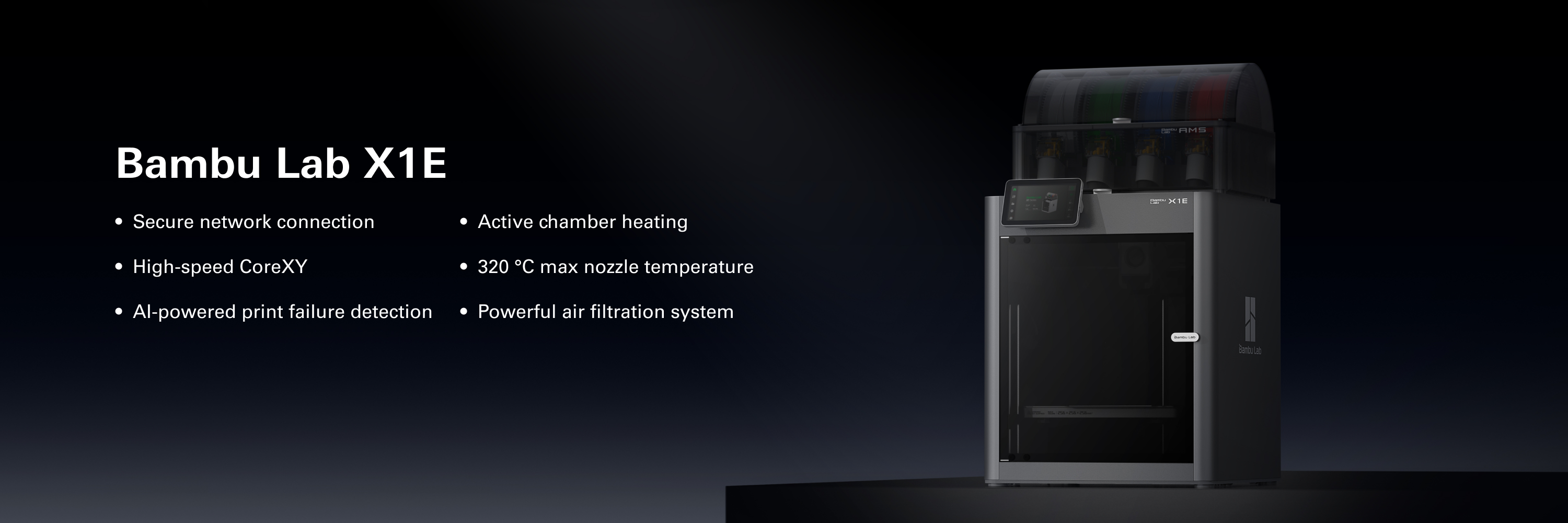 Bambu Lab X1E 3D printer with features lis