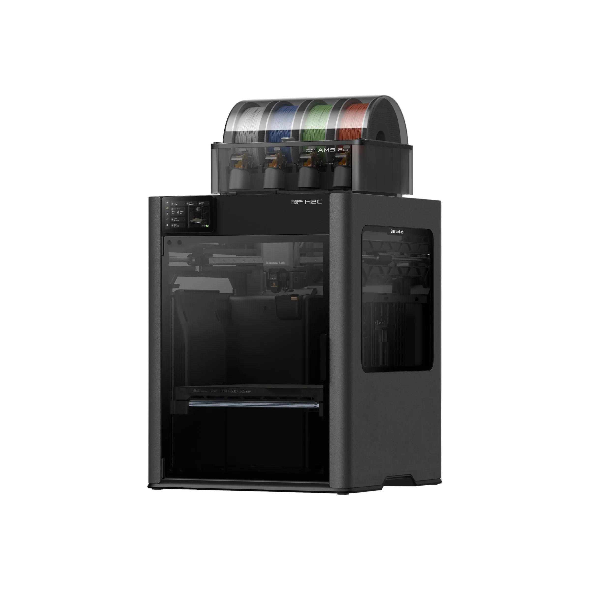 Additronix Bambu Lab H2C AMS Combo 3D printer with dual extrusion nozzles and integrated filament system, showing the machine's front view.