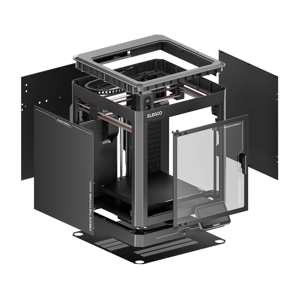 Additronix Elegoo Centauri Carbon 3D printer with dual extruders and modern design, showcasing the compact desktop 3D printing device.