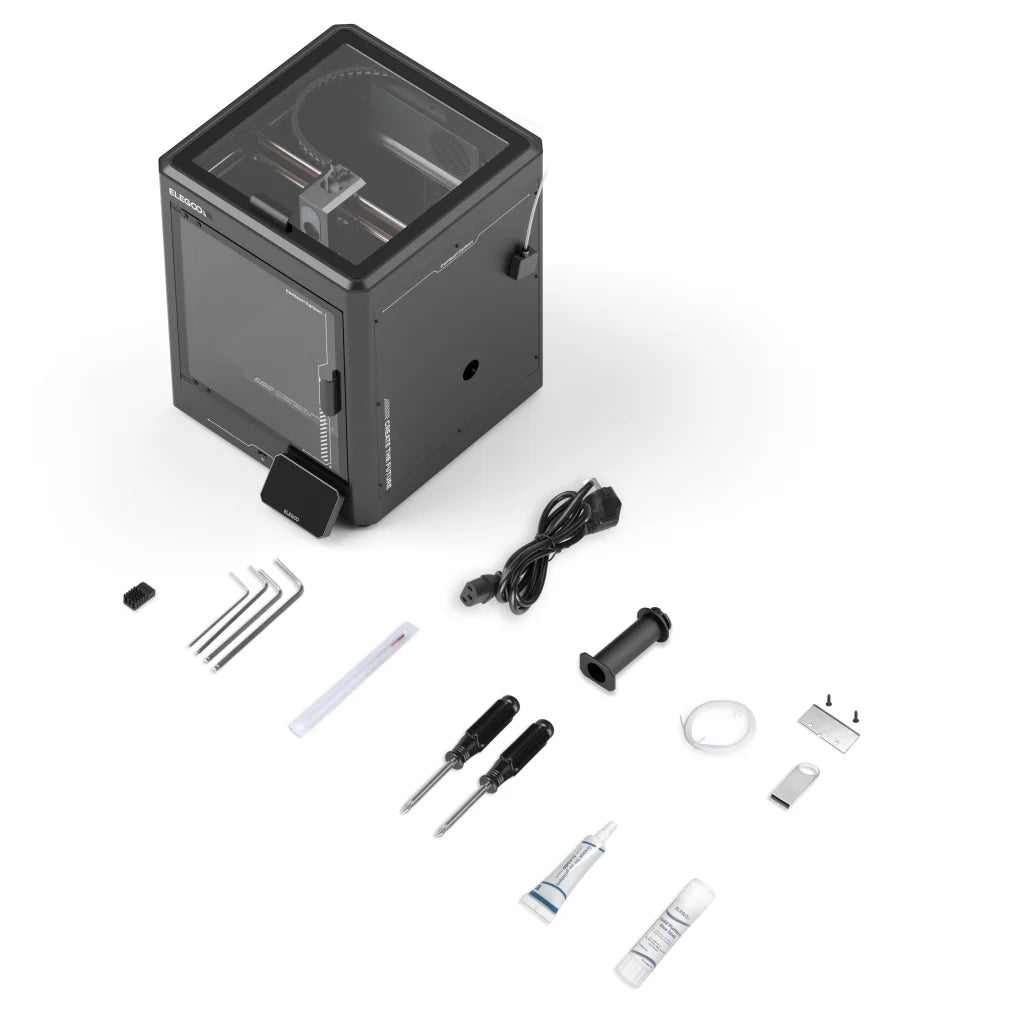 ELEGOO Centauri Carbon 3D printer by Additronix showing the machine with a sleek black design and digital control panel.