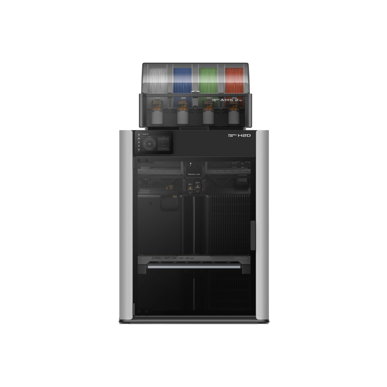 Additronix Bambu Lab H2D AMS Combo 3D printer with dual extruders and automatic material system, showcasing its sleek design and print bed
