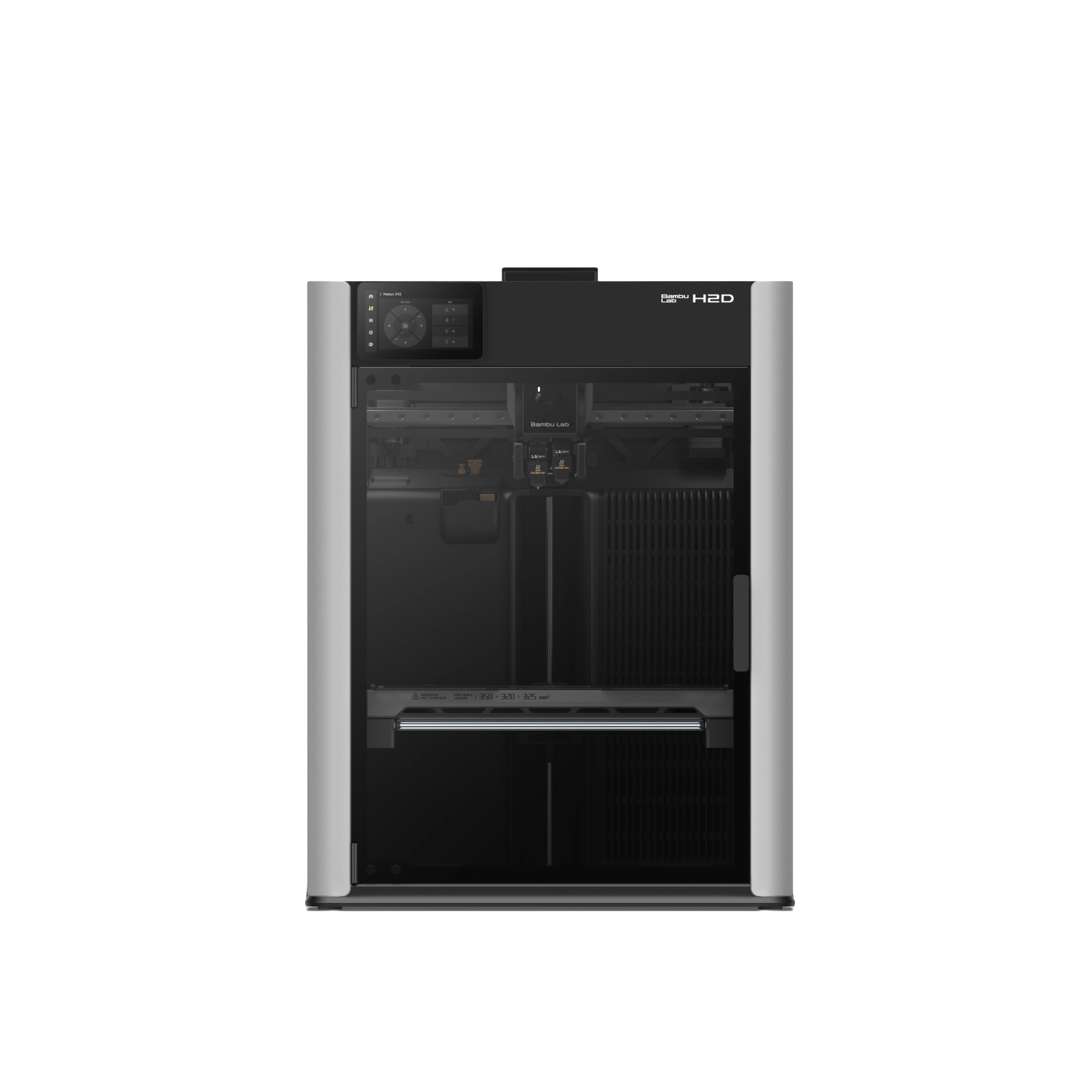 Additronix Bambu Lab H2D 3D printer with open frame design, showing the printer's build area and control panel.
