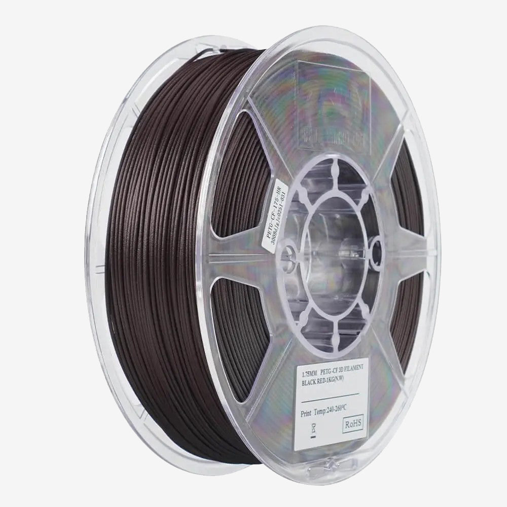 Black and red eSUN PETG-CF filament spool from Additronix, showcasing the durable, carbon fiber-reinforced 3D printing material.