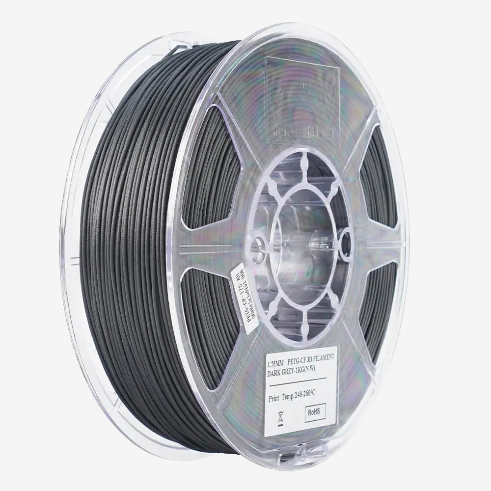 Dark grey eSUN PETG-CF filament spool from Additronix, showing the textured, high-strength carbon fiber composite 3D printing material.