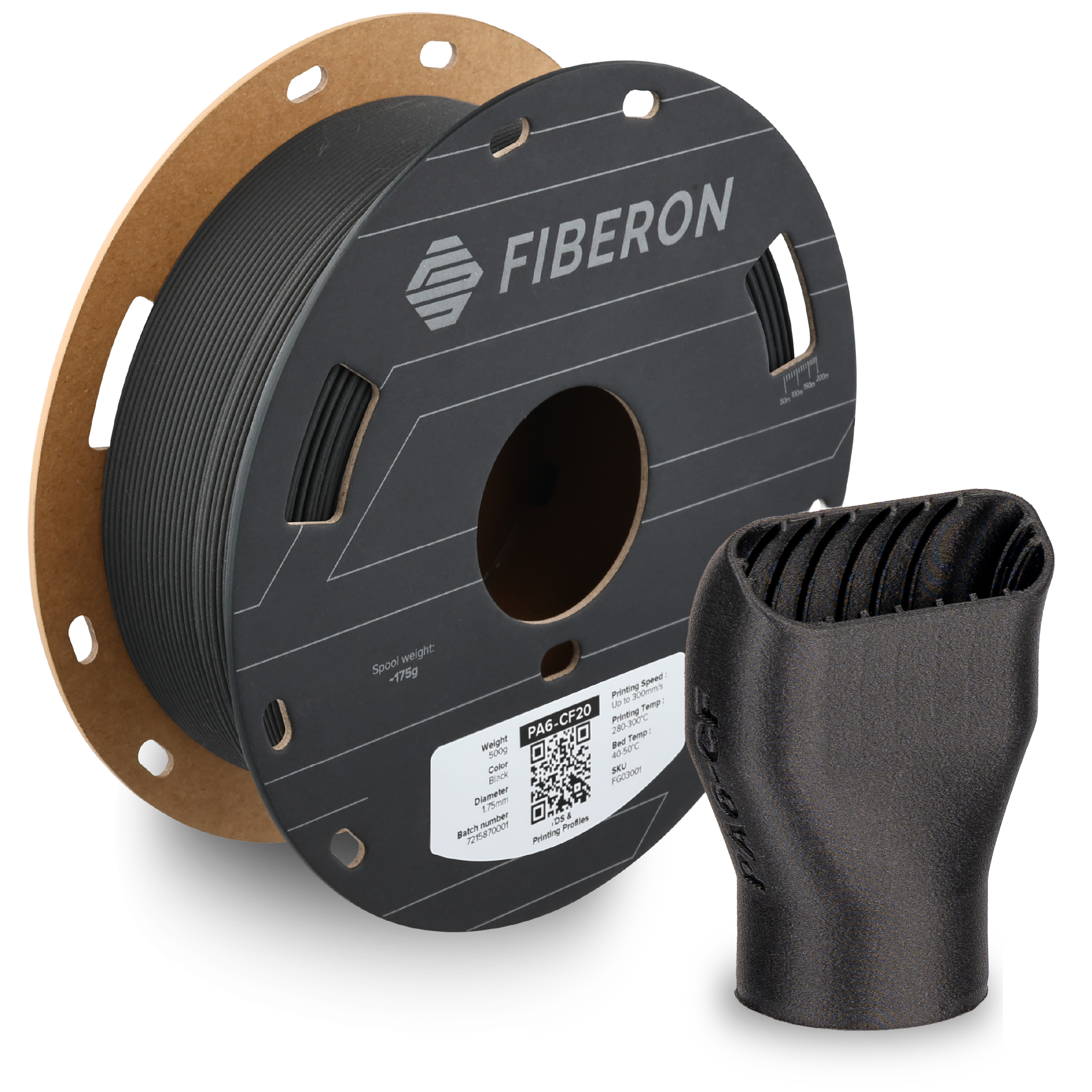Additronix Fiberon PA6-CF20 filament spool, high-strength black reinforced nylon material for 3D printing applications
