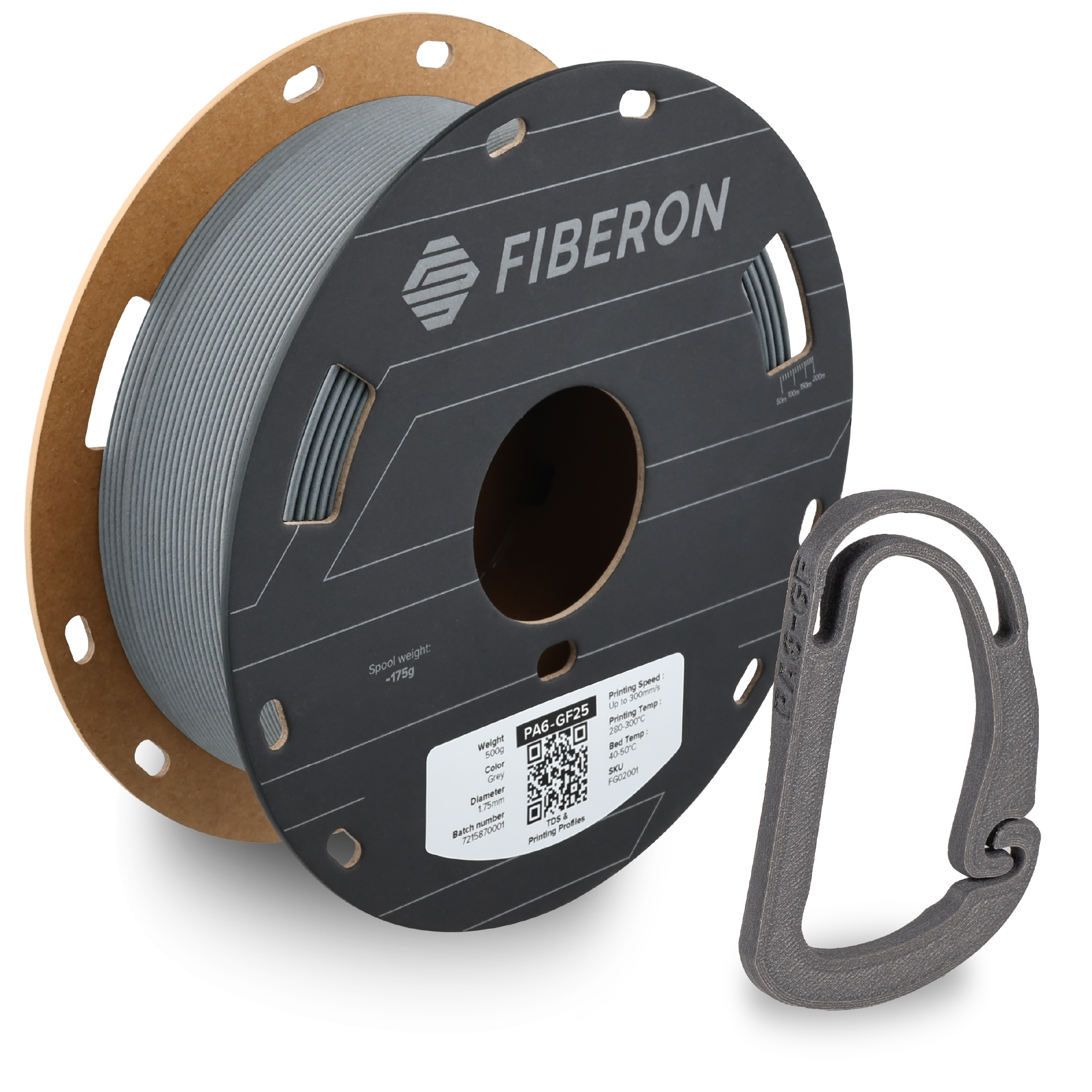 Additronix Fiberon PA6-GF25 filament spool showing dark gray reinforced nylon thermoplastic material.
