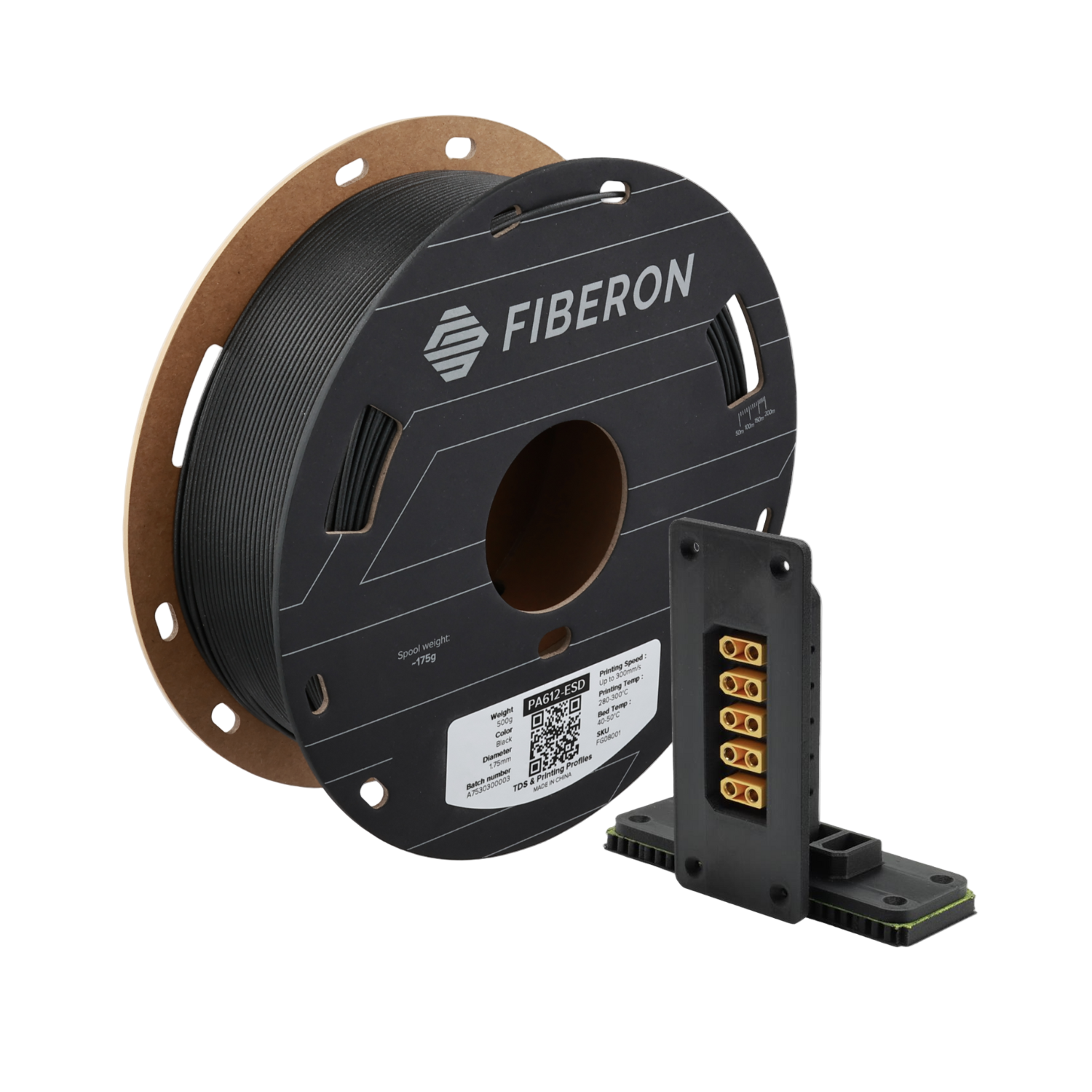 Additronix Fiberon PA612-ESD filament spool with black and gray strands, showcasing high-quality ESD-safe 3D printing material.