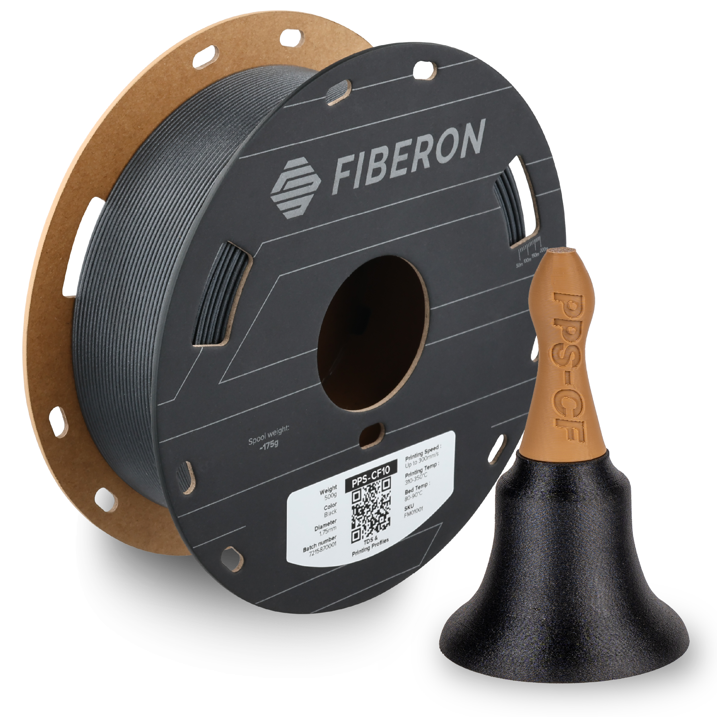 Additronix Fiberon PPS-CF10 filament spool with black carbon fiber reinforced material for 3D printing, shown in the image.