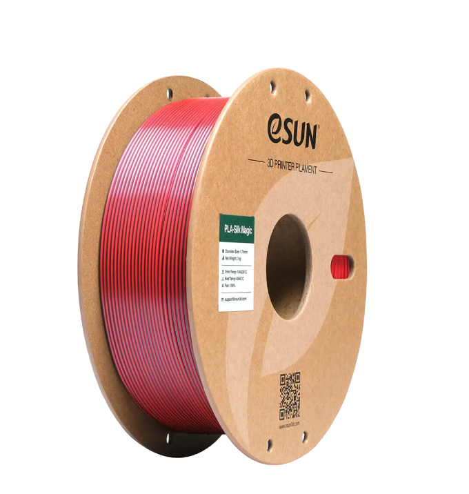 Additronix eSUN PLA-Silk Magic filament in black, coral pink, 1.75mm, 1kg spool, showcasing vibrant colors and smooth texture.