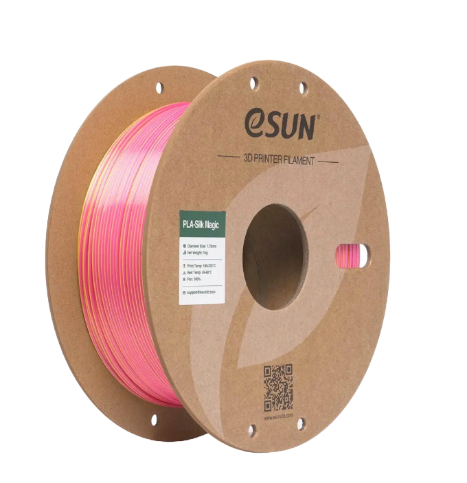 Black and coral pink eSUN PLA-Silk Magic filament spool by Additronix, 1.75mm, 1kg, showcasing vibrant, shiny 3D printing filament.