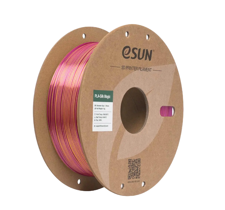 Additronix eSUN PLA-Silk Magic filament in black, coral pink, 1.75mm, 1kg spool, showcasing vibrant, glossy 3D printing filament.