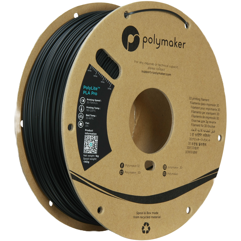 Black PolyLite PLA Pro filament by Additronix, 1.75mm, 1kg, with hex color code #0C0E0C, suitable for 3D printing.