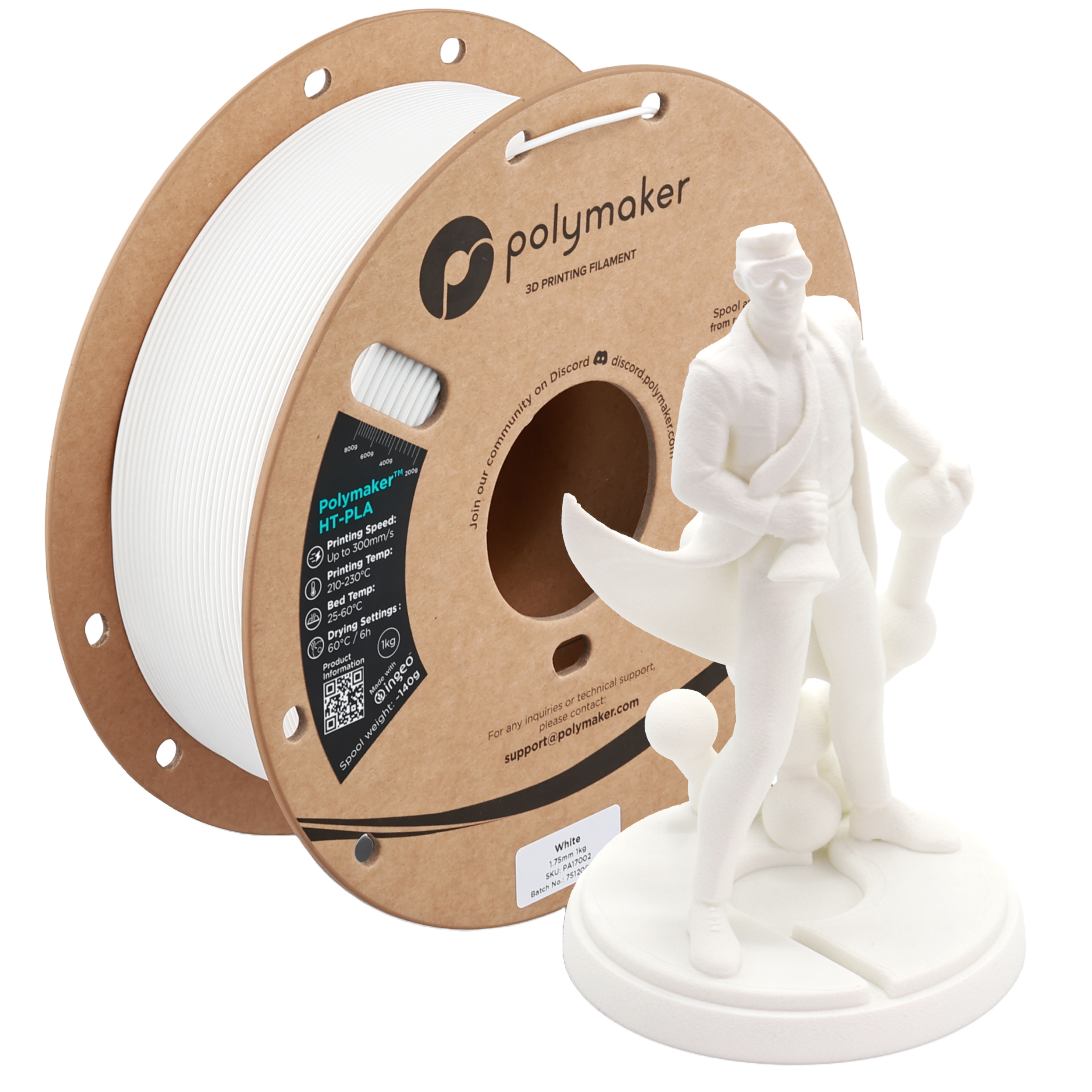 White Polymaker HT-PLA filament by Additronix, showing the spool of high-temperature 3D printing filament.