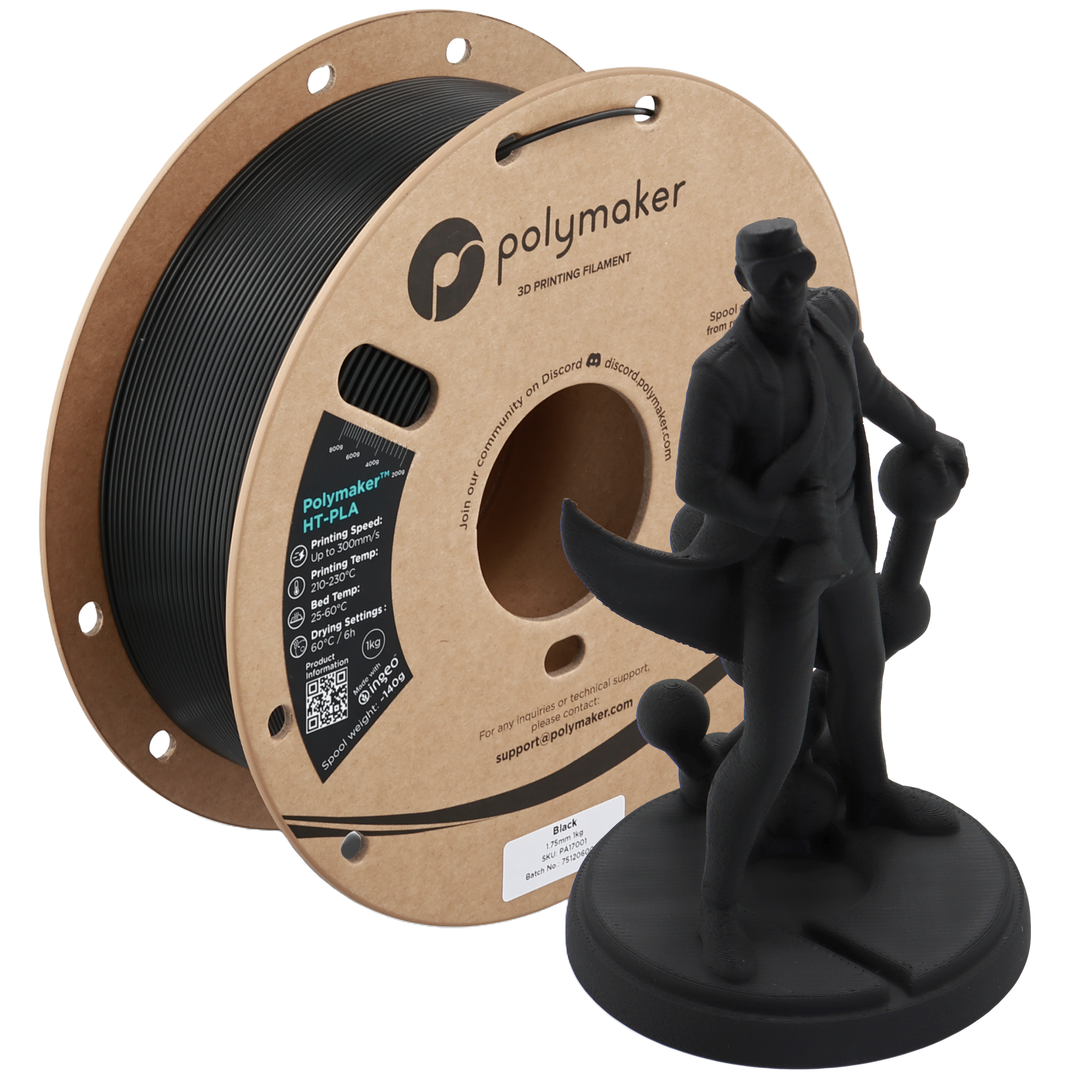 Black Polymaker HT-PLA filament by Additronix, shown in a spool with smooth, high-temperature 3D printing material.