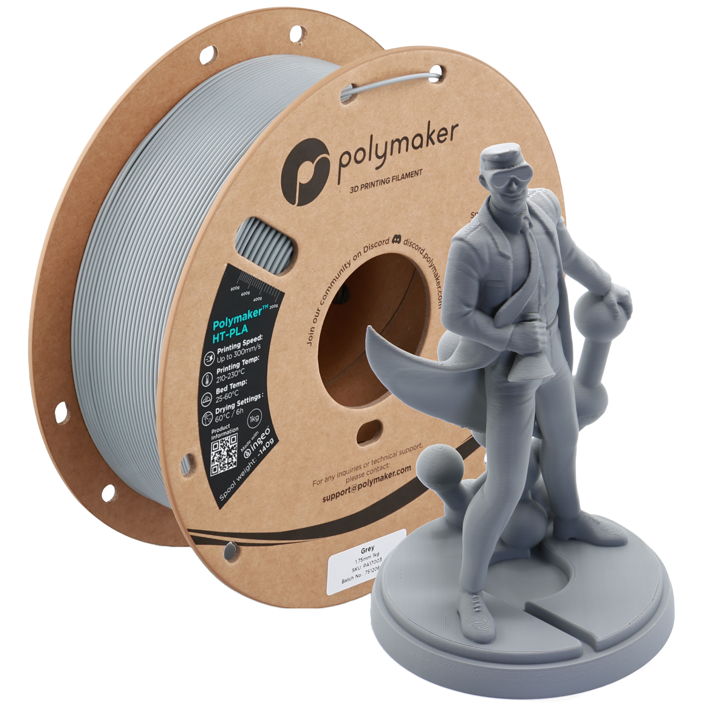 Additronix Polymaker HT-PLA grey filament spool showing the textured filament coil against a neutral background.
