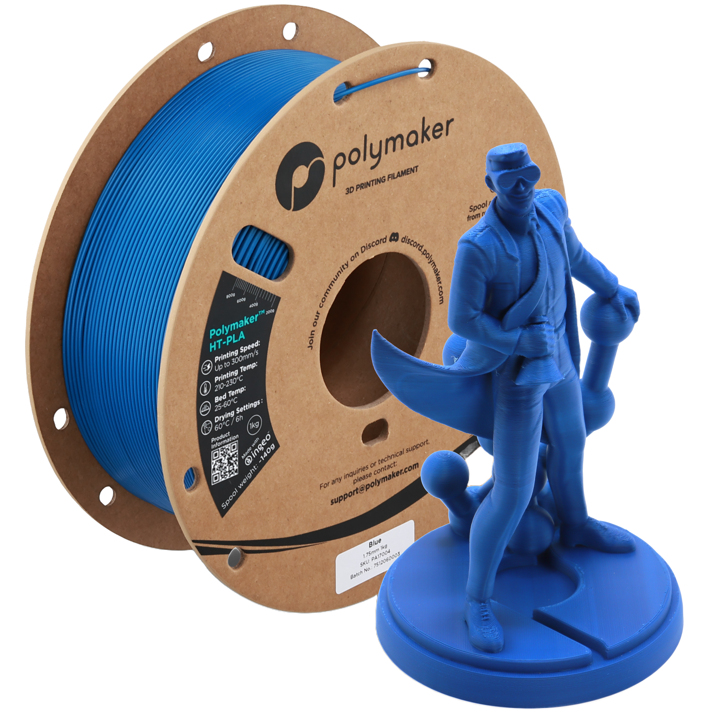Blue Polymaker HT-PLA filament by Additronix, showing a spool of high-temperature 3D printing filament with blue color.