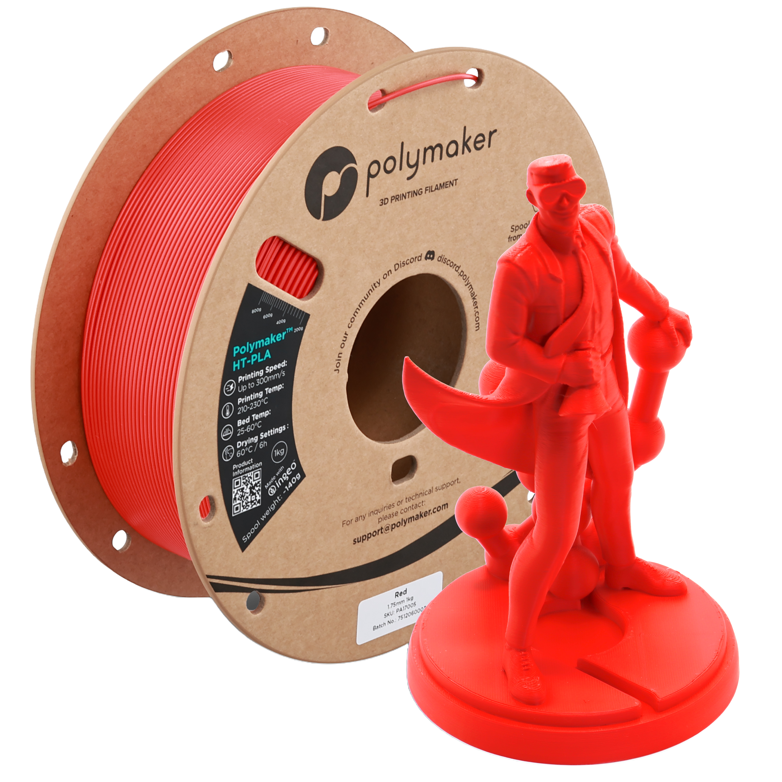 Red Polymaker HT-PLA filament by Additronix, spool of high-temperature 3D printing filament with vibrant red color.