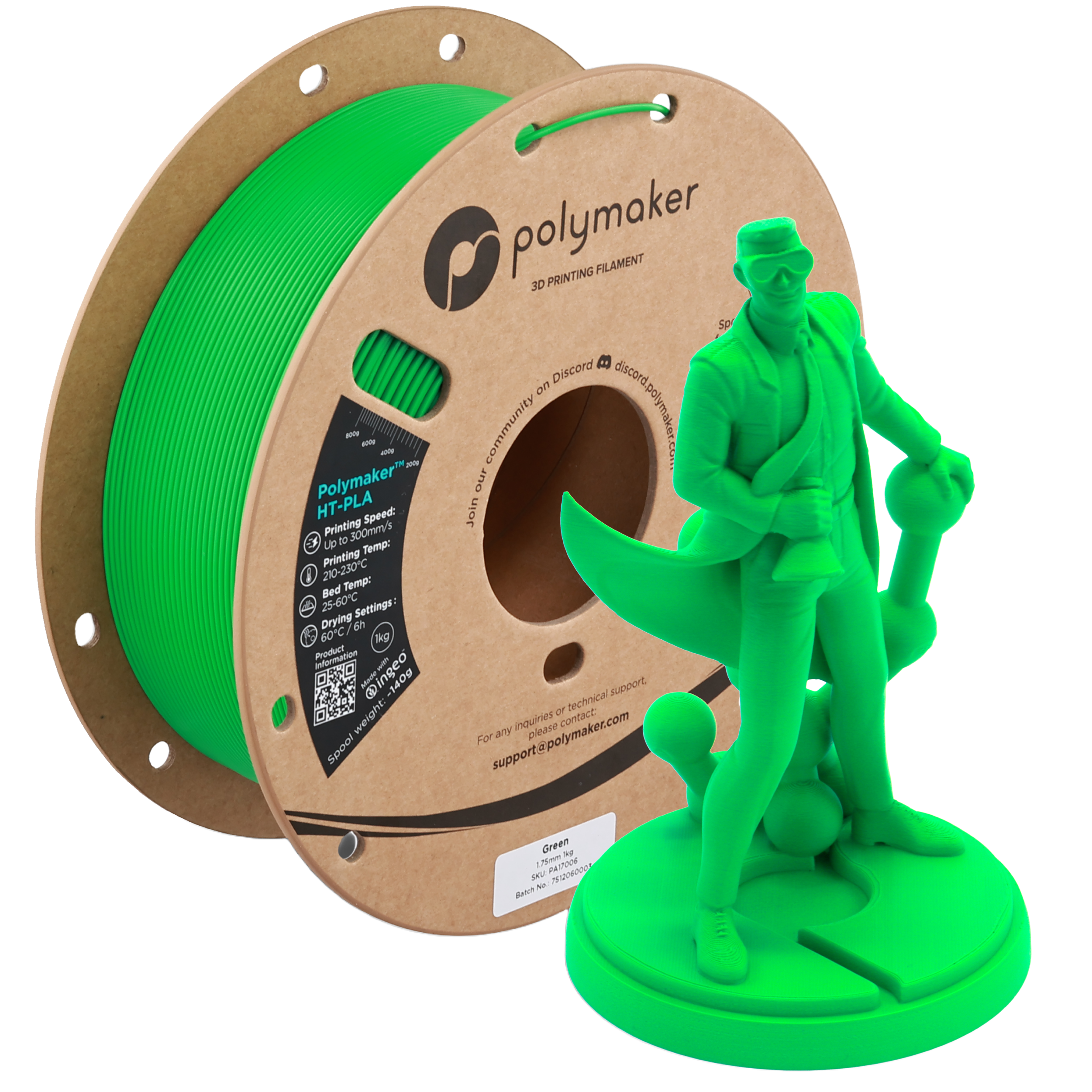 Green Polymaker HT-PLA filament spool from Additronix, showcasing the durable 3D printing filament on a reel.