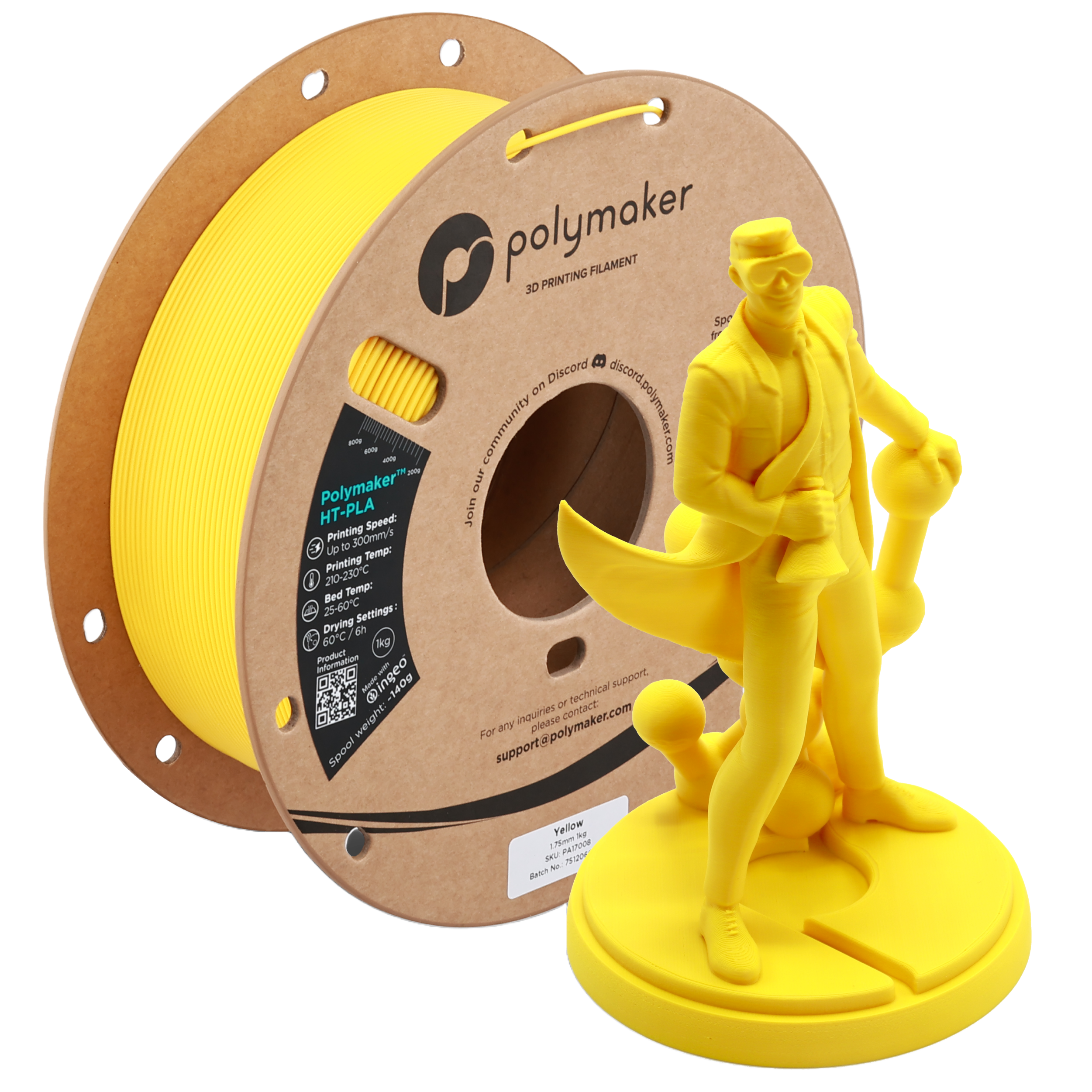 Yellow Polymaker HT-PLA filament by Additronix for 3D printing, shown in a spool with vibrant yellow color and smooth filament surface.
