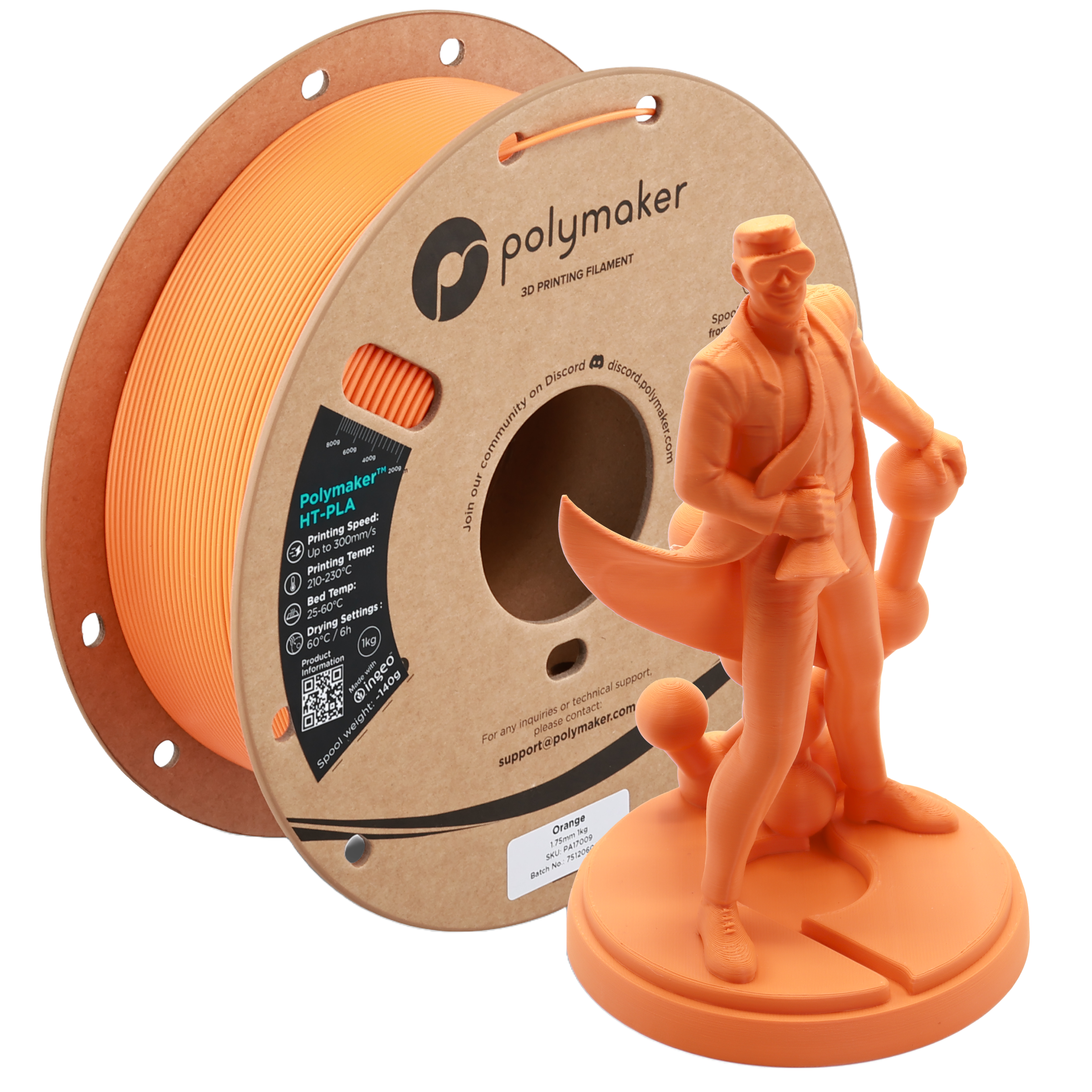 Orange Polymaker HT-PLA filament spool from Additronix, showing the vibrant 3D printing filament on a reel.