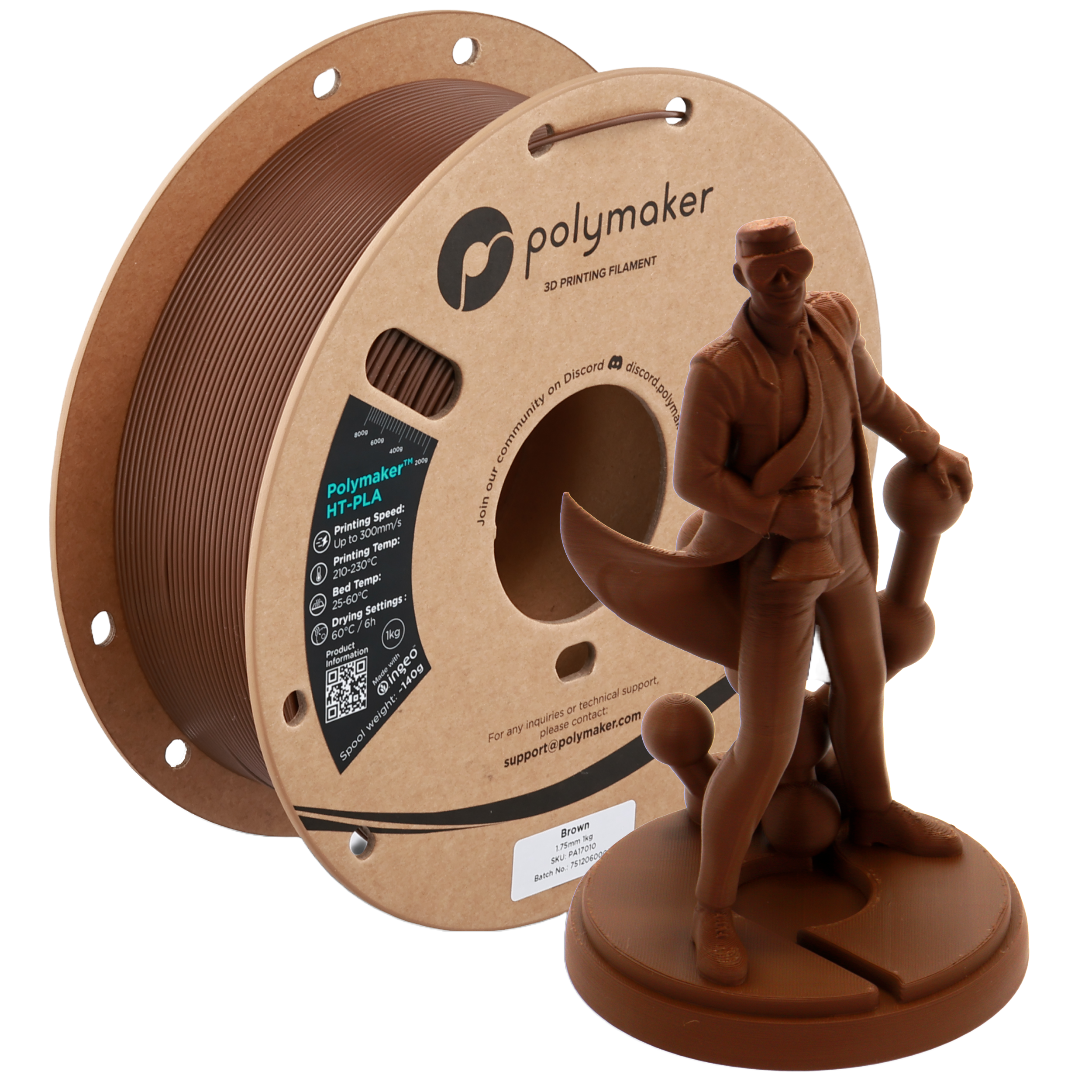 Additronix Polymaker HT-PLA brown filament spool for 3D printing, showcasing the filament's texture and color.